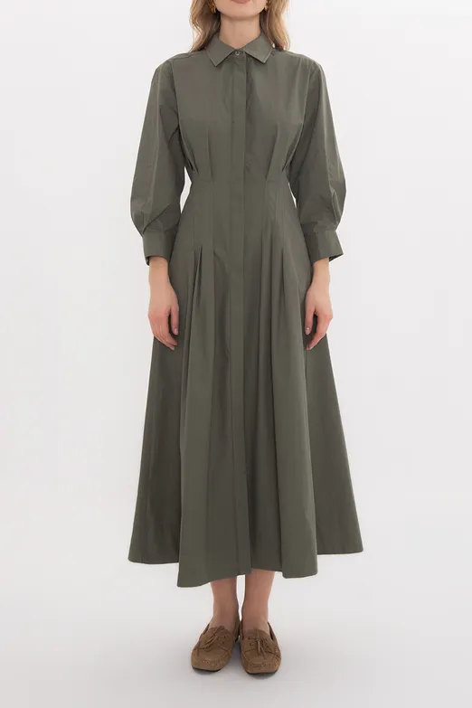 Bayan Haki Volanlı Midi Boy Gömlek Elbise - BSL