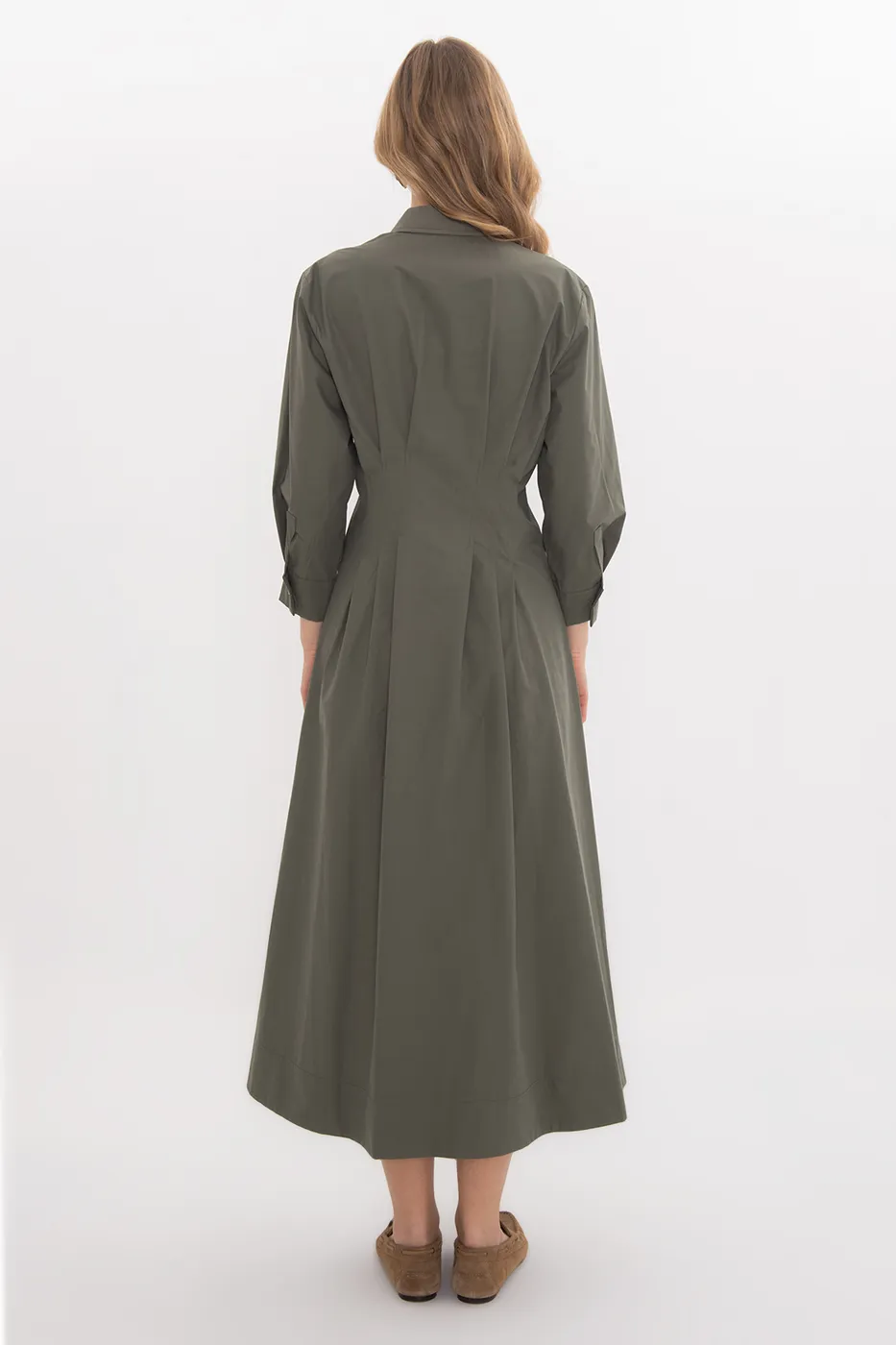 Bayan Haki Volanlı Midi Boy Gömlek Elbise