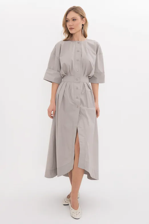 Bayan Taş Volanlı Midi Boy Gömlek Elbise - BSL