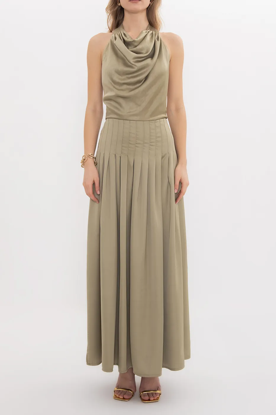 Bayan Yeşil Degaje Yakalı Pilise Detaylı Maksi Elbise