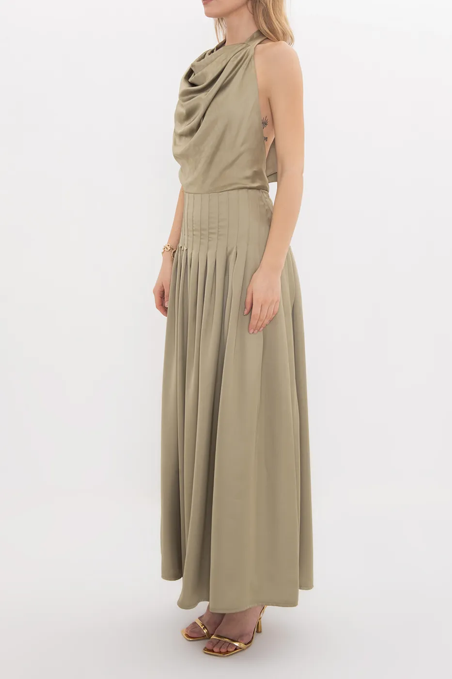 Bayan Yeşil Degaje Yakalı Pilise Detaylı Maksi Elbise