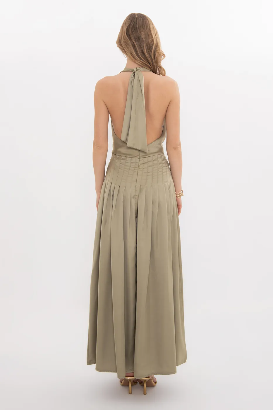 Bayan Yeşil Degaje Yakalı Pilise Detaylı Maksi Elbise