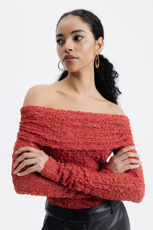 Bayan Kiremit Madonna Yaka Dantel Top - BSL