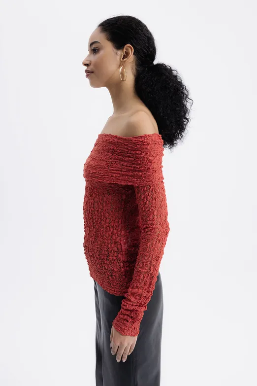 Bayan Kiremit Madonna Yaka Dantel Top - BSL