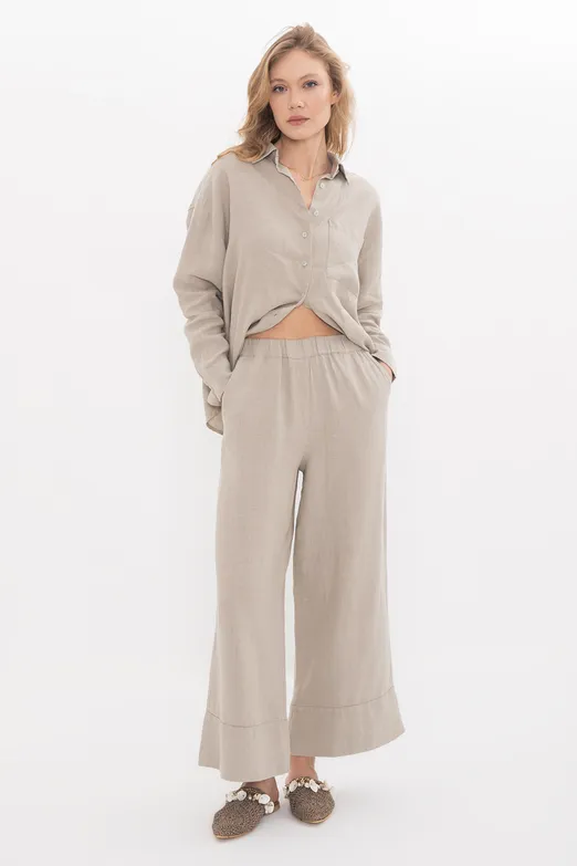 Bayan Bej %100 Keten Bol Pantolon - BSL