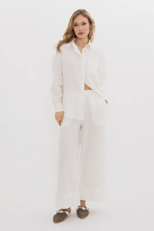 Bayan Beyaz %100 Keten Bol Pantolon - BSL