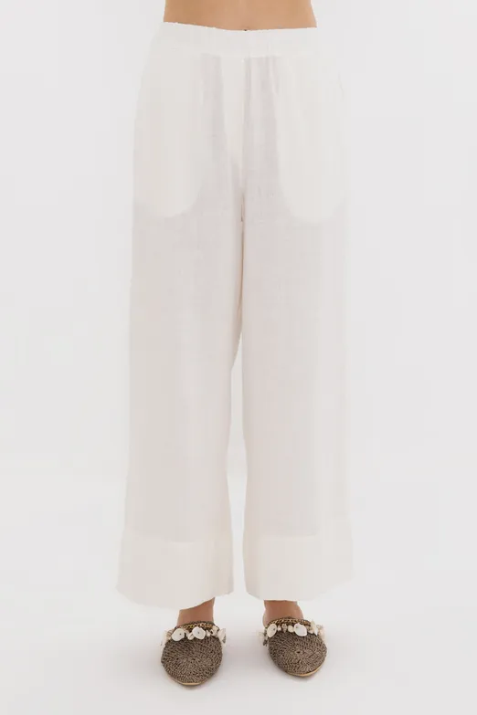 Bayan Beyaz %100 Keten Bol Pantolon - BSL