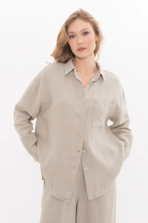 Bayan Bej %100 Keten Oversize Gömlek - BSL
