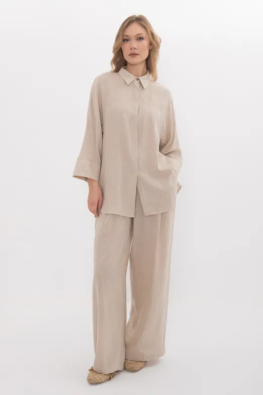 Bayan Bej %100 Keten Oversize Gömlek - BSL