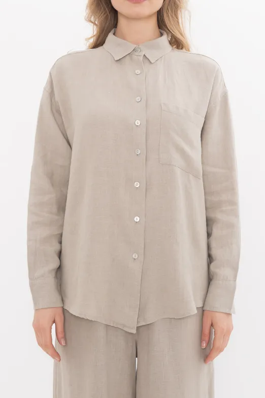 Bayan Bej %100 Keten Oversize Gömlek - BSL