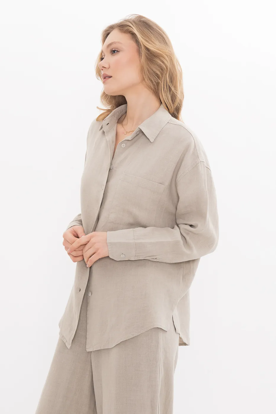 Bayan Bej %100 Keten Oversize Gömlek