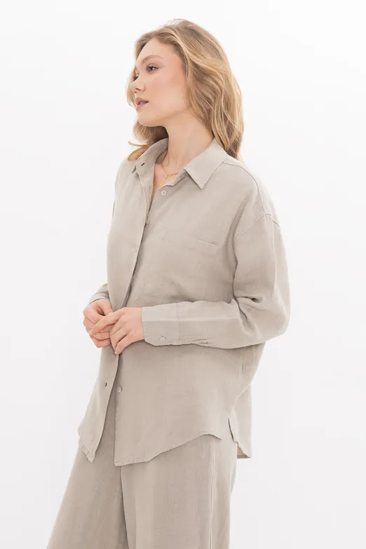 Bayan Bej %100 Keten Oversize Gömlek - BSL