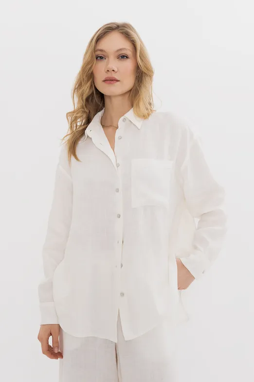 Bayan Beyaz %100 Keten Oversize Gömlek - BSL