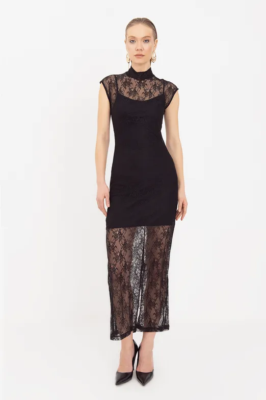 Bayan Siyah Dantel Astarlı Midi Kalem Elbise - BSL