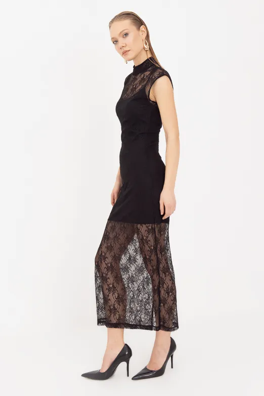 Bayan Siyah Dantel Astarlı Midi Kalem Elbise - BSL