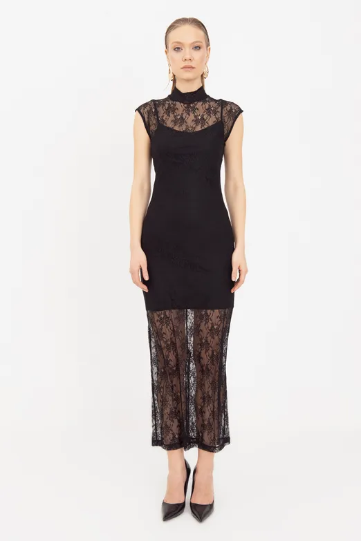 Bayan Siyah Dantel Astarlı Midi Kalem Elbise - BSL