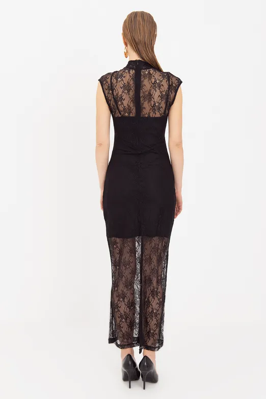 Bayan Siyah Dantel Astarlı Midi Kalem Elbise - BSL