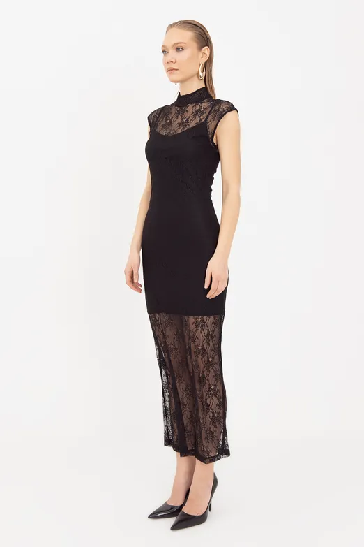Bayan Siyah Dantel Astarlı Midi Kalem Elbise - BSL