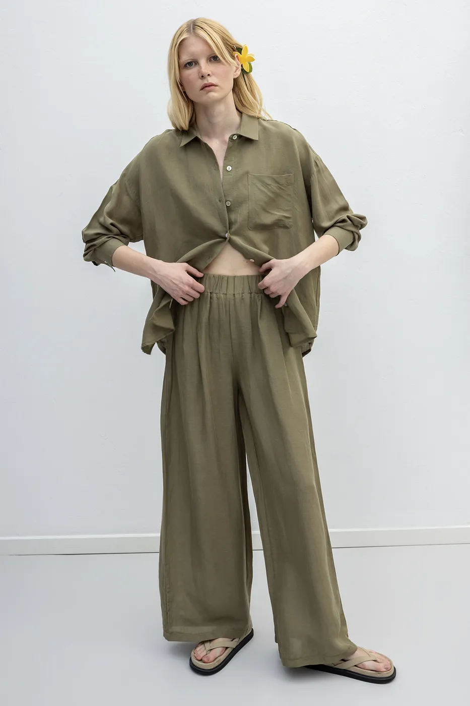 Bayan Haki Keten Karışımlı Bol Pantolon