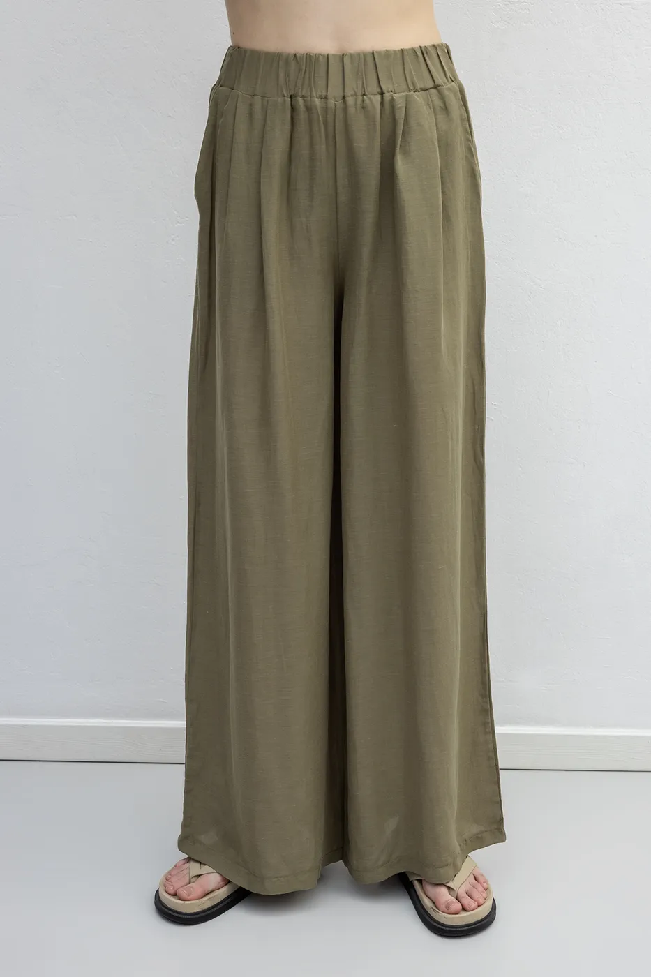 Bayan Haki Keten Karışımlı Bol Pantolon