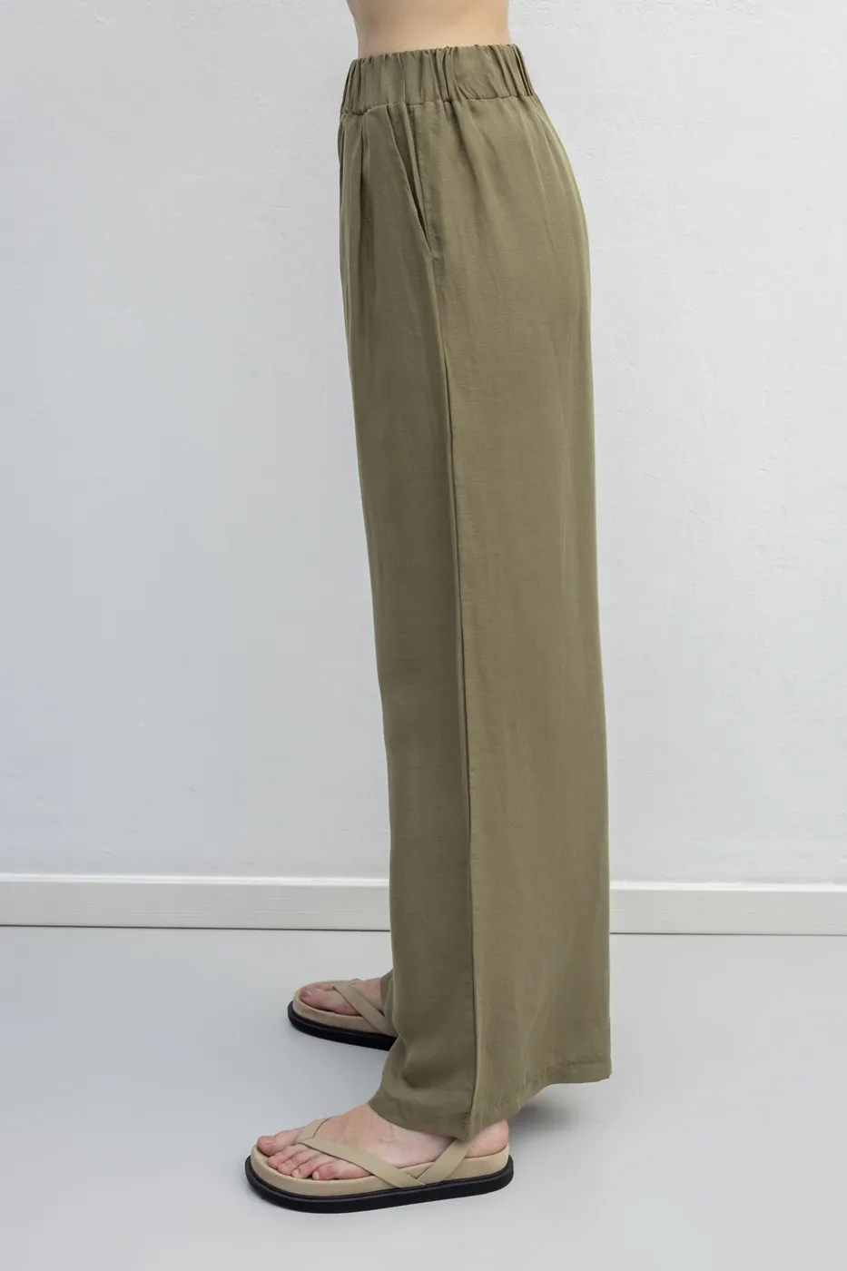 Bayan Haki Keten Karışımlı Bol Pantolon