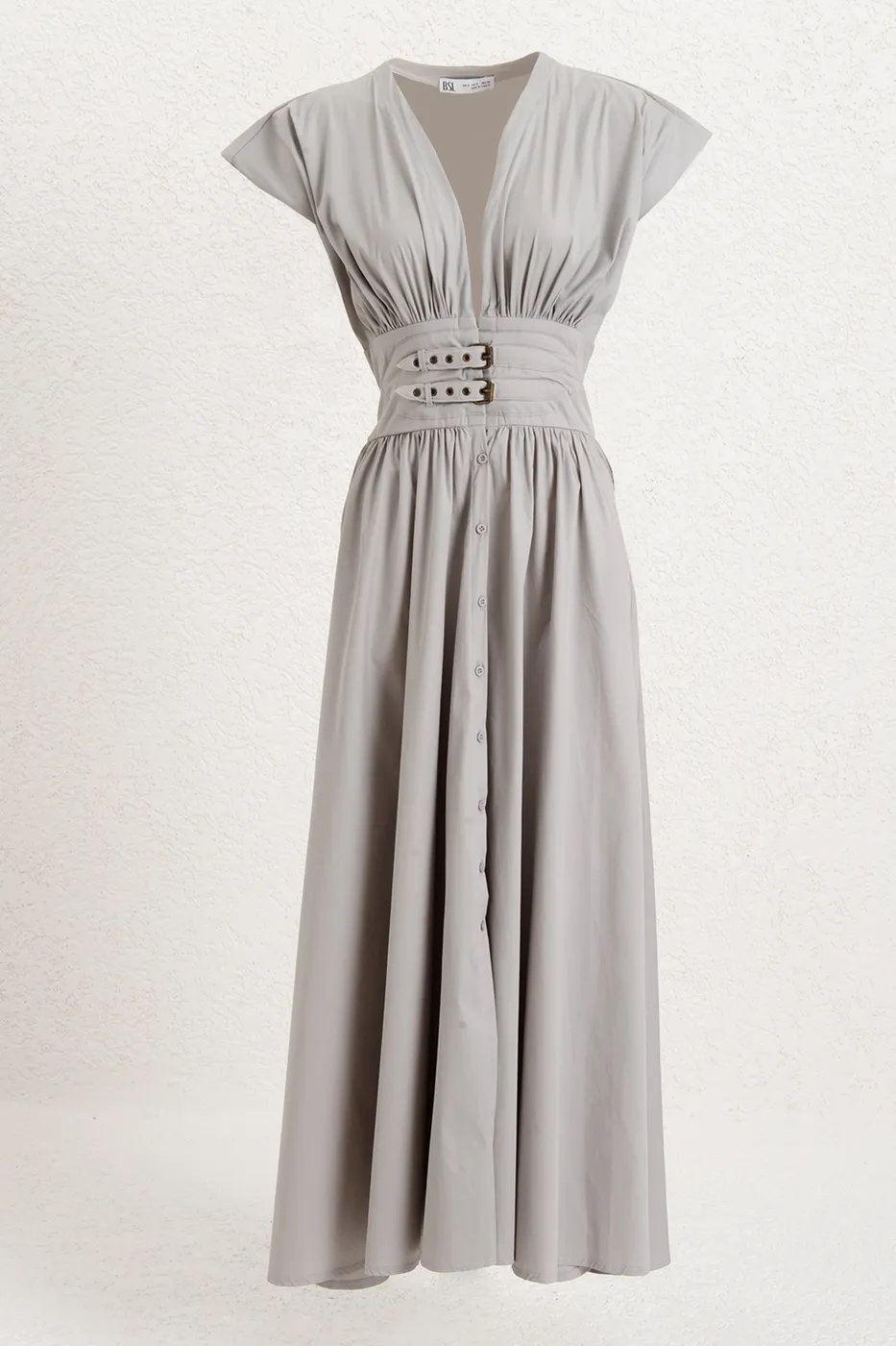 Bayan Gri Büzgülü Midi Kloş Elbise