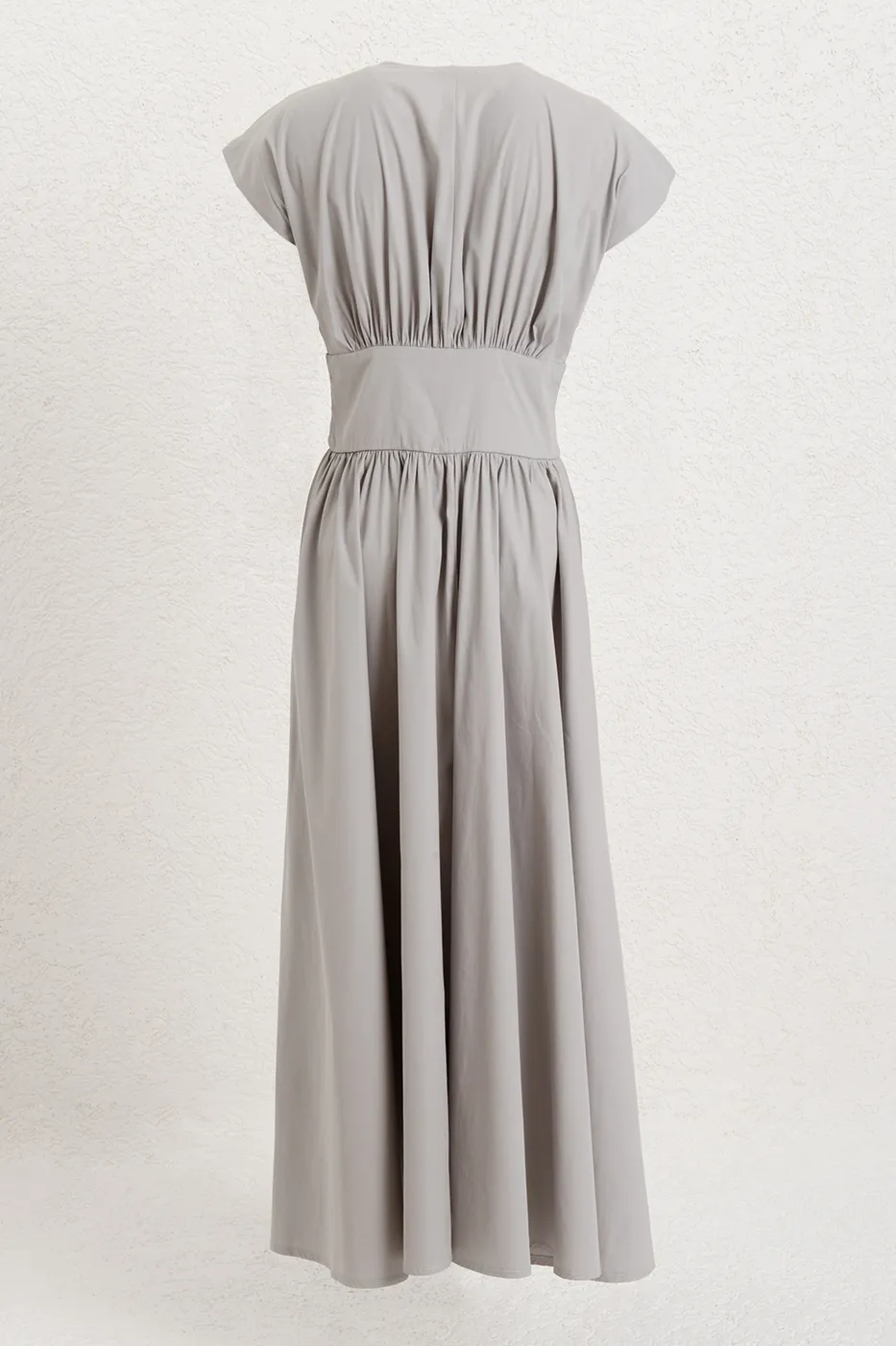 Bayan Gri Büzgülü Midi Kloş Elbise