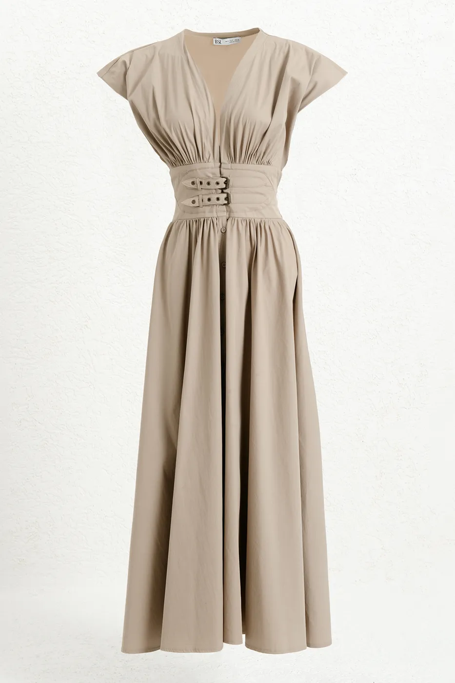 Bayan Bej Büzgülü Midi Kloş Elbise