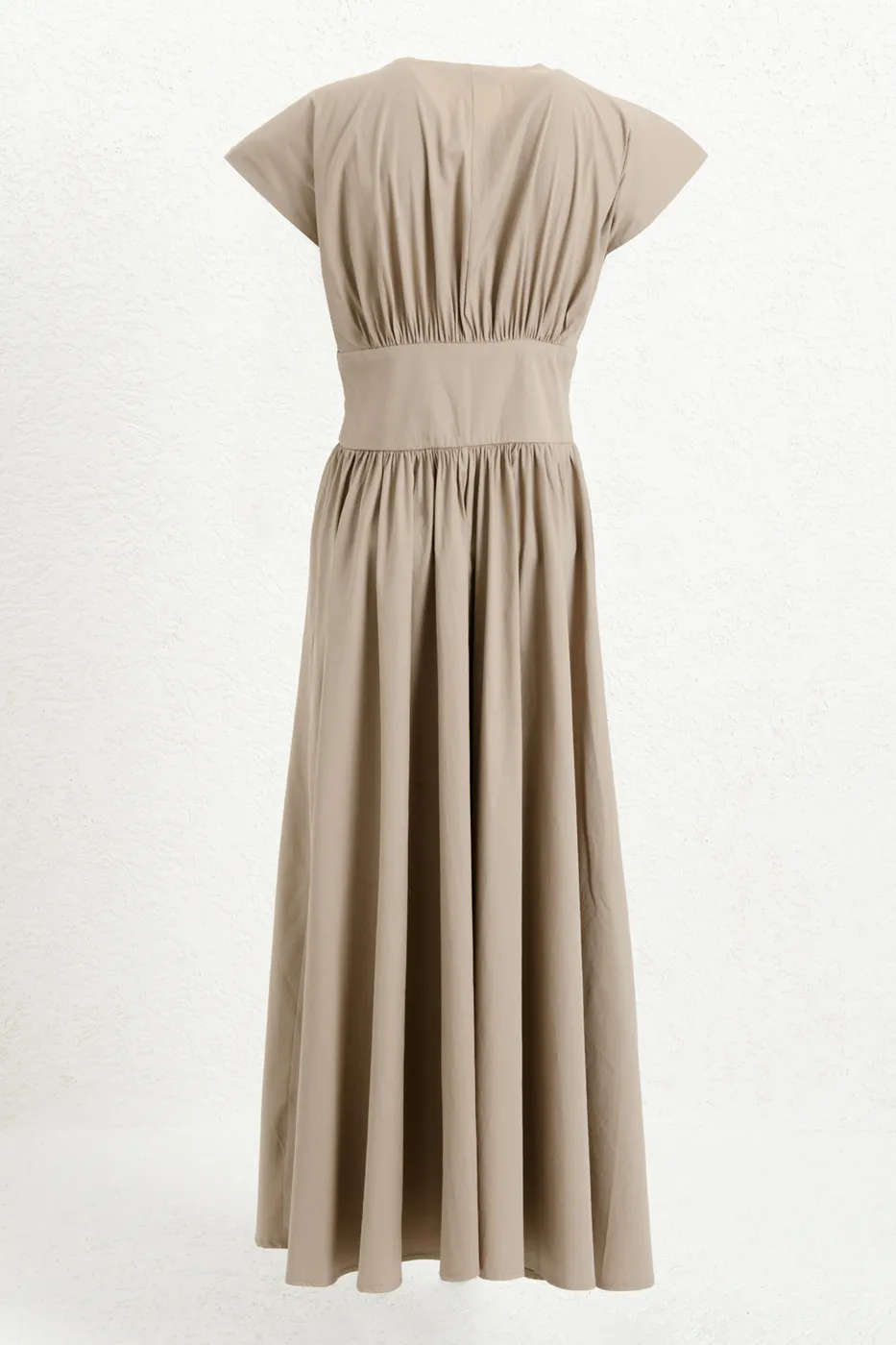 Bayan Bej Büzgülü Midi Kloş Elbise