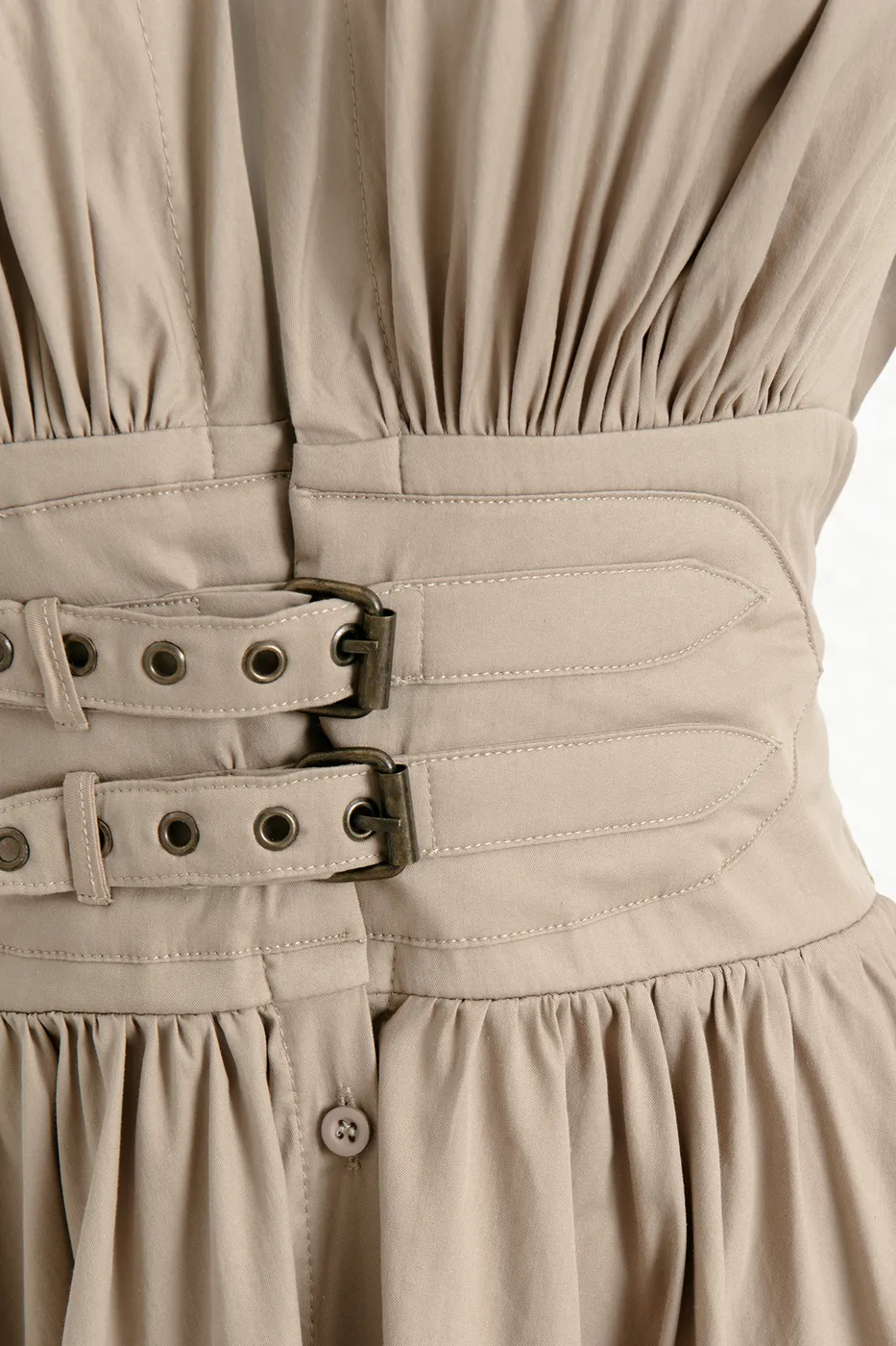 Bayan Bej Büzgülü Midi Kloş Elbise