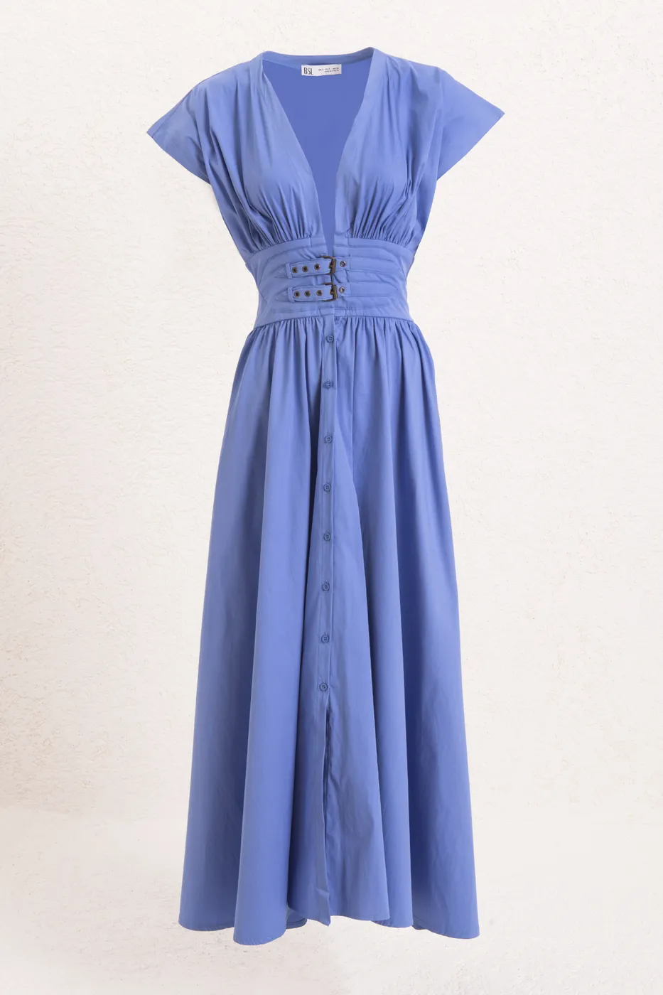 Bayan Mavi Büzgülü Midi Kloş Elbise