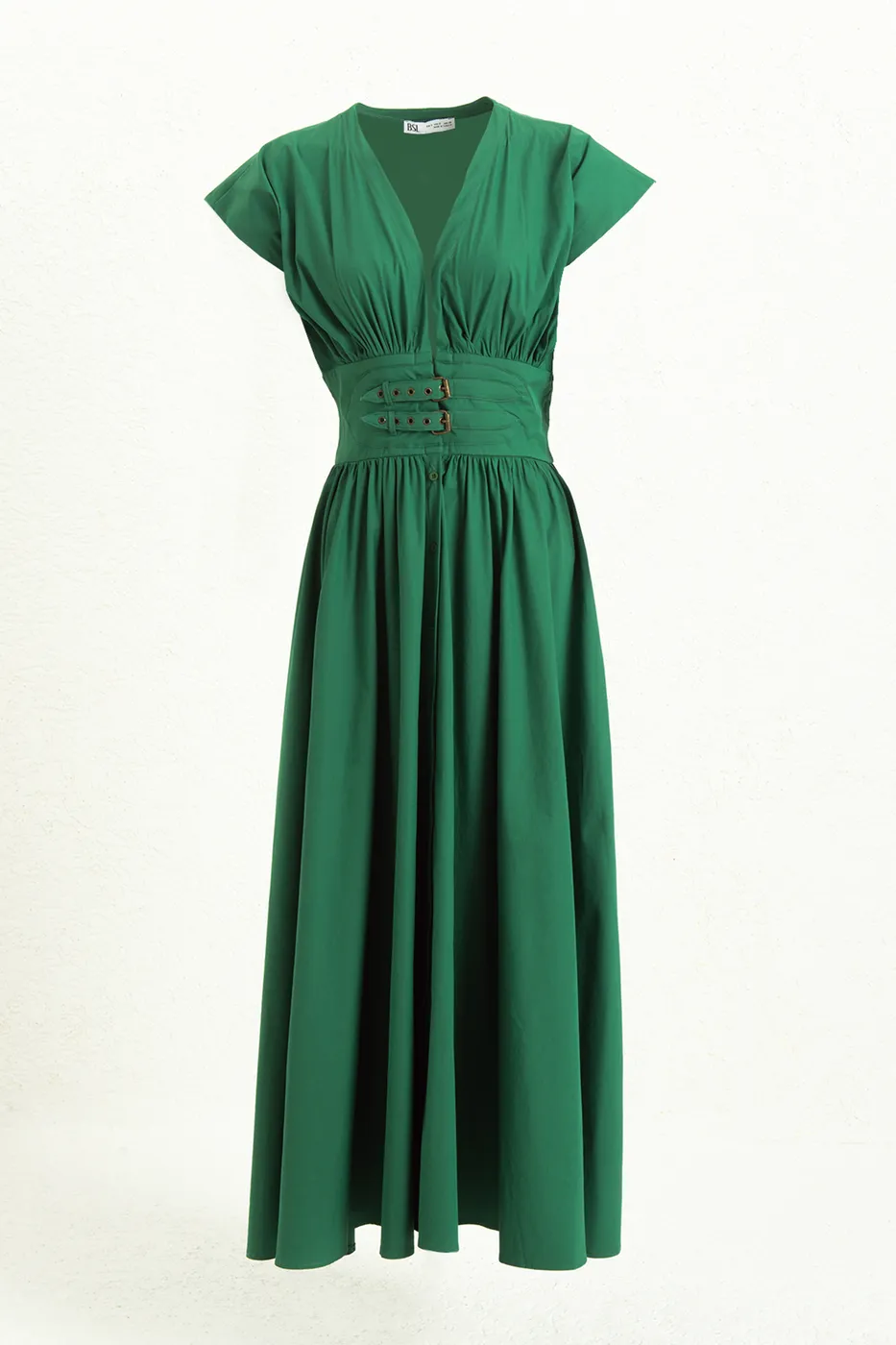 Bayan Yeşil Büzgülü Midi Kloş Elbise