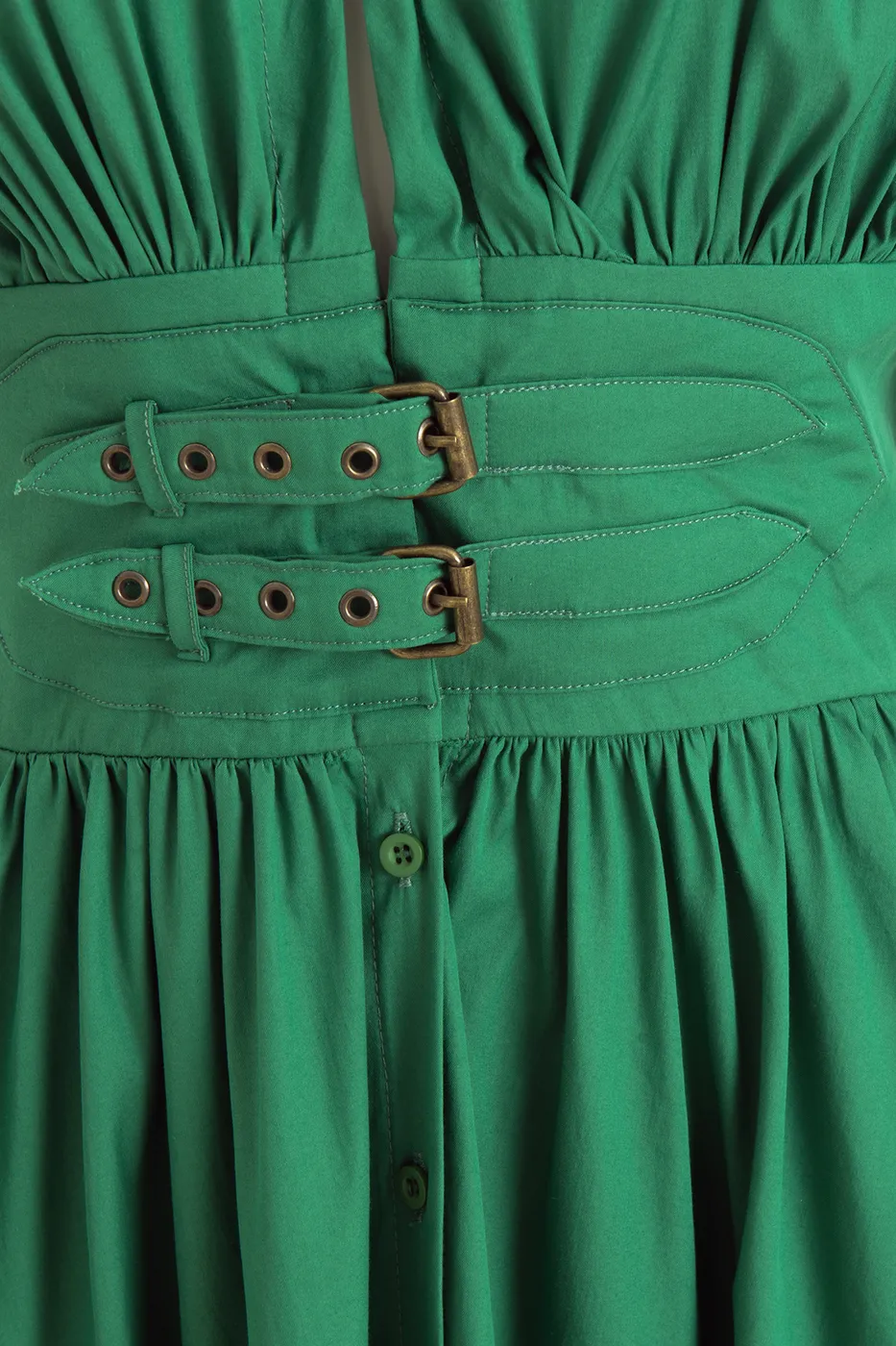 Bayan Yeşil Büzgülü Midi Kloş Elbise