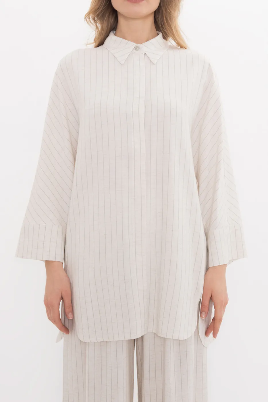 Bayan Bej Keten Karışımlı Oversize Gömlek