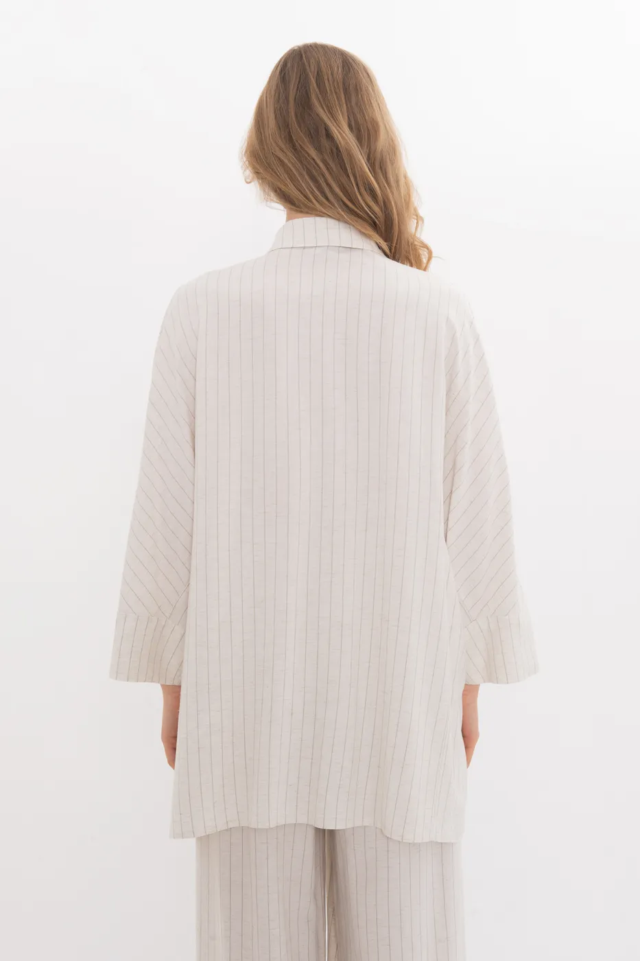 Bayan Bej Keten Karışımlı Oversize Gömlek