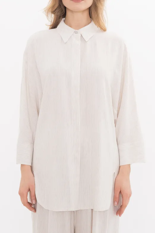 Bayan Ekru Keten Karışımlı Oversize Gömlek - BSL