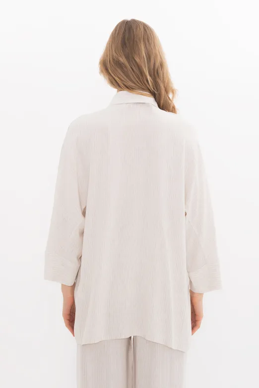 Bayan Ekru Keten Karışımlı Oversize Gömlek - BSL