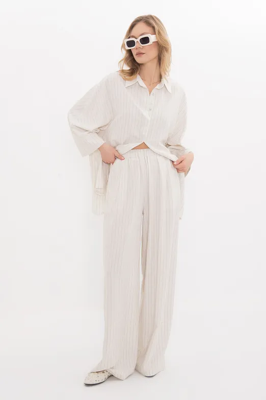 Bayan Bej Keten Karışımlı Bol Pantolon - BSL