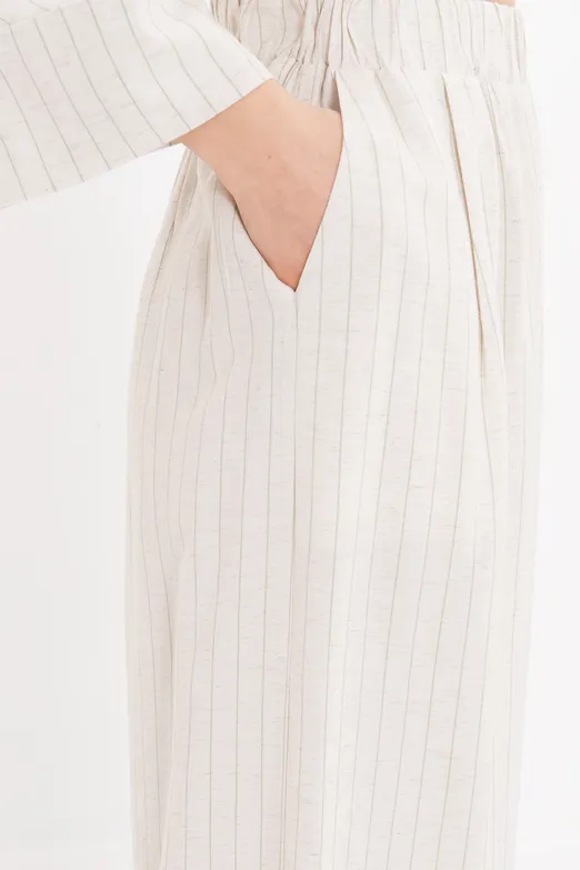 Bayan Bej Keten Karışımlı Bol Pantolon - BSL