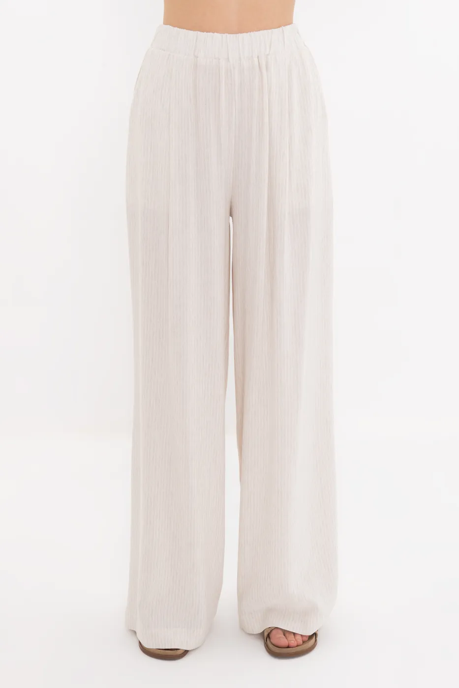 Bayan Ekru Keten Karışımlı Bol Pantolon