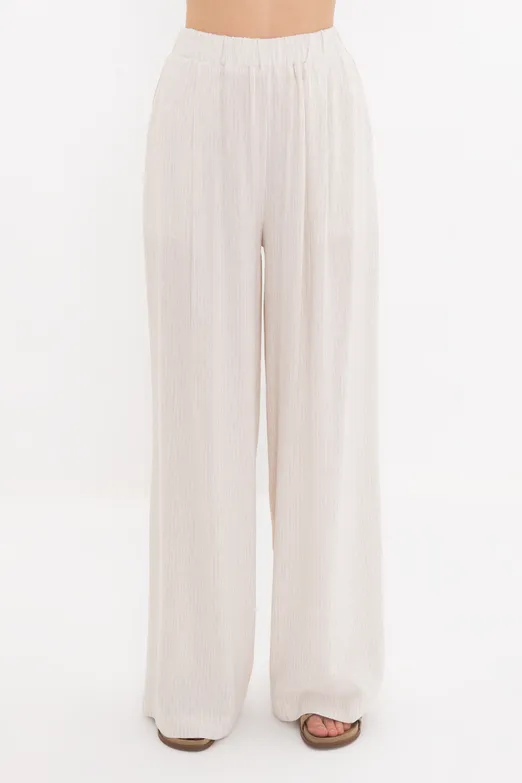 Bayan Ekru Keten Karışımlı Bol Pantolon - BSL