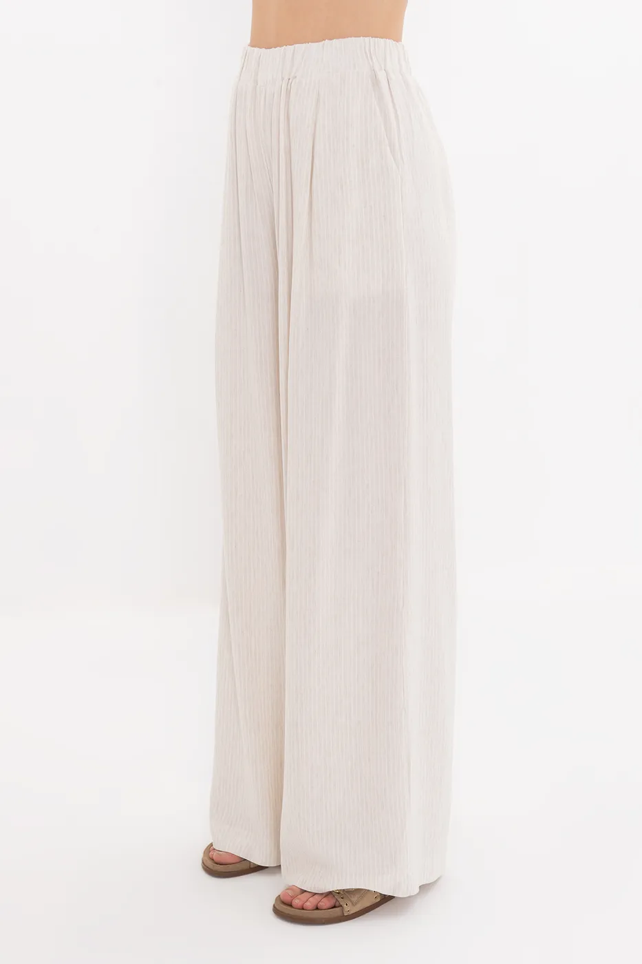 Bayan Ekru Keten Karışımlı Bol Pantolon