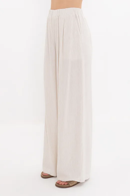 Bayan Ekru Keten Karışımlı Bol Pantolon - BSL