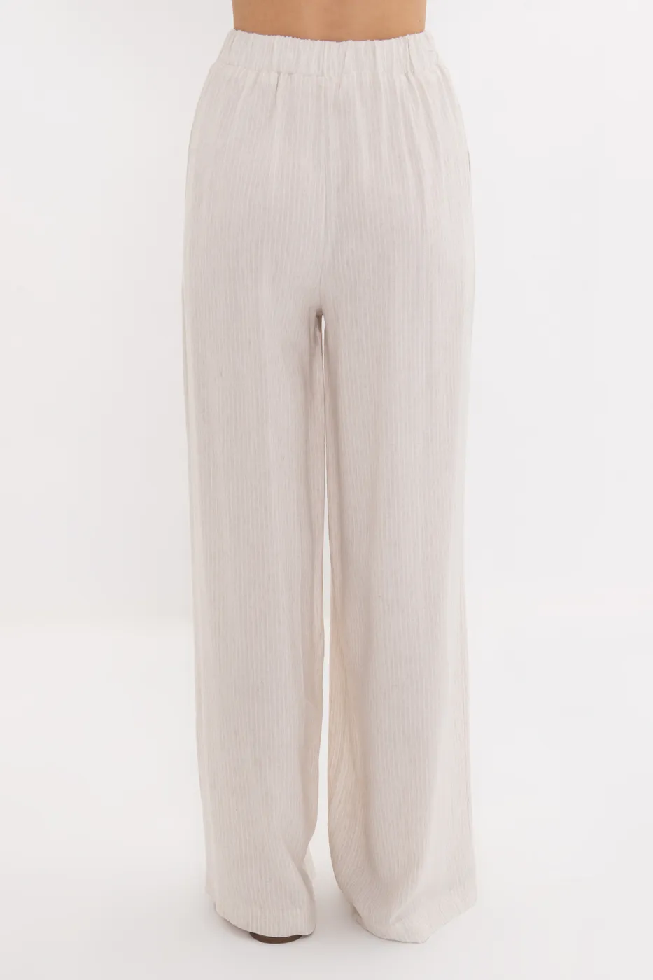 Bayan Ekru Keten Karışımlı Bol Pantolon