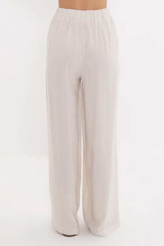 Bayan Ekru Keten Karışımlı Bol Pantolon - BSL