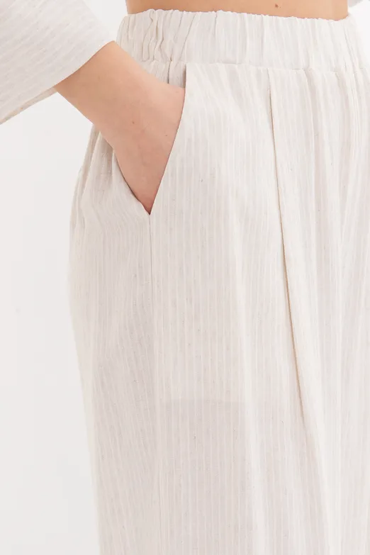 Bayan Ekru Keten Karışımlı Bol Pantolon - BSL