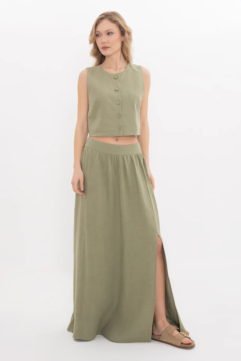 Bayan Haki %100 Keten Midi Etek