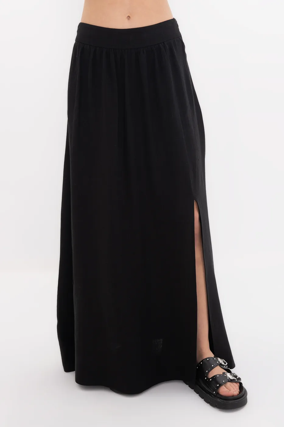 Bayan Siyah %100 Keten Midi Etek