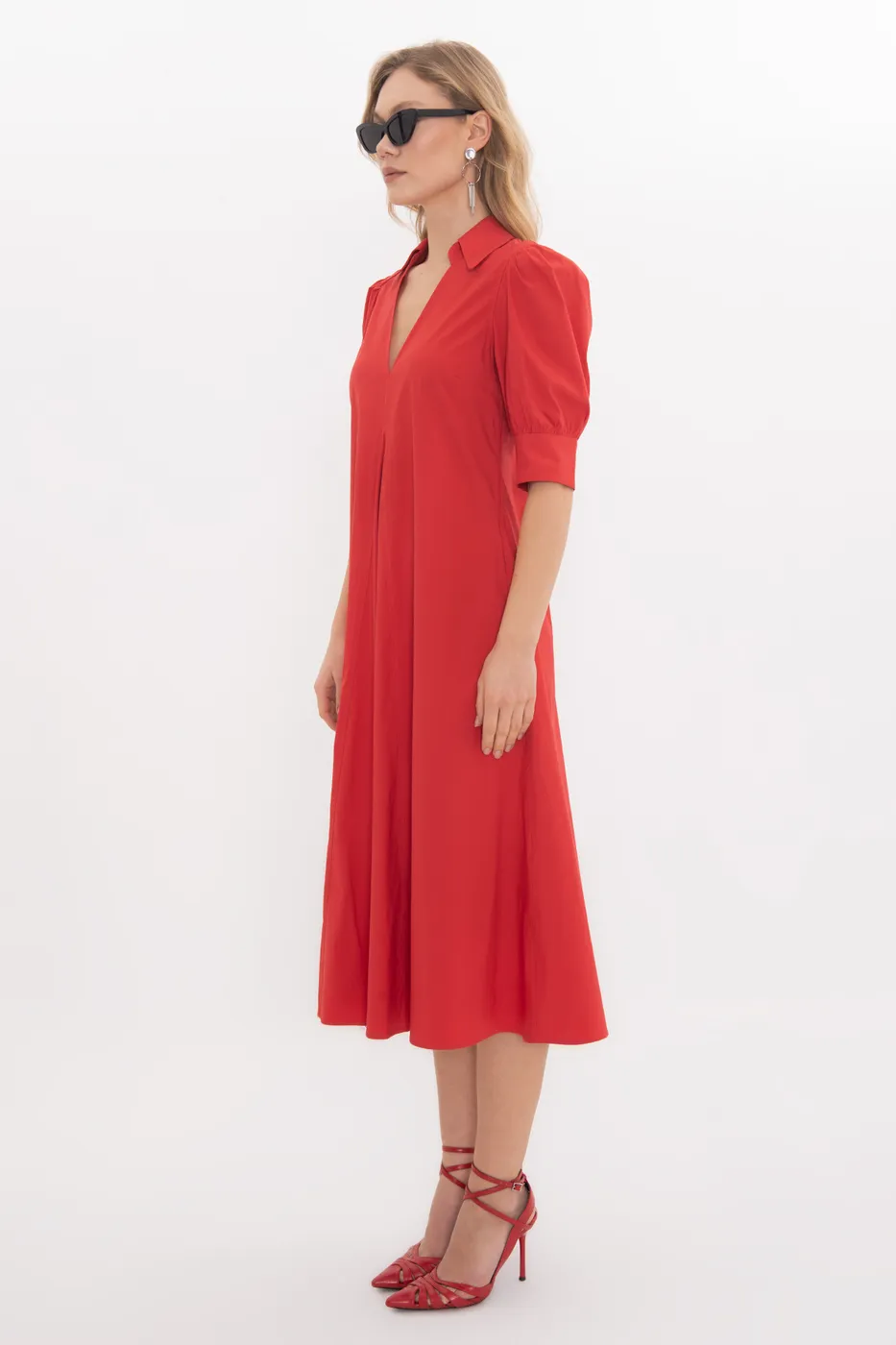 Bayan Kırmızı Parçalı Saten Midi Gömlek Elbise