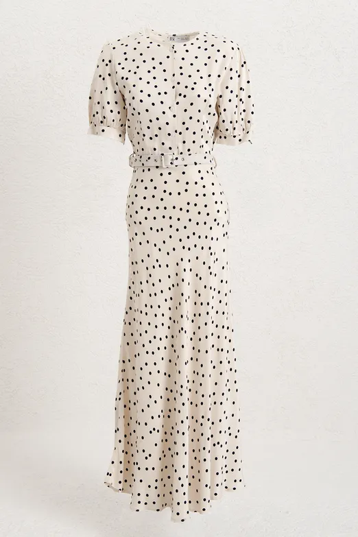 Bayan Ekru Volanlı Saten Midi Elbise - BSL